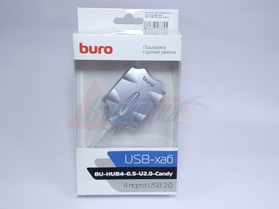Внешний USB 2.0 HUB 4-port Buro серебристый [BU-HUB4-0,5-U2.0-CANDY] [28789]